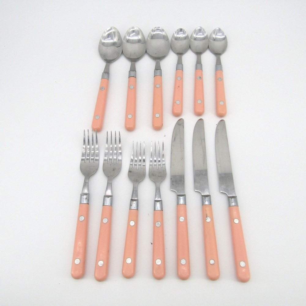 Washington Forge Mardi Gras 13pc Vintage Flatware Peach Pink Riveted Handles